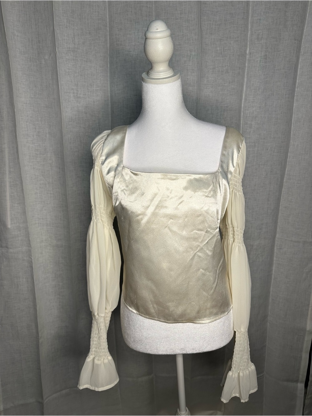 Lulus Cream Square-Neck Satin Blouse with Bishop Sleeves